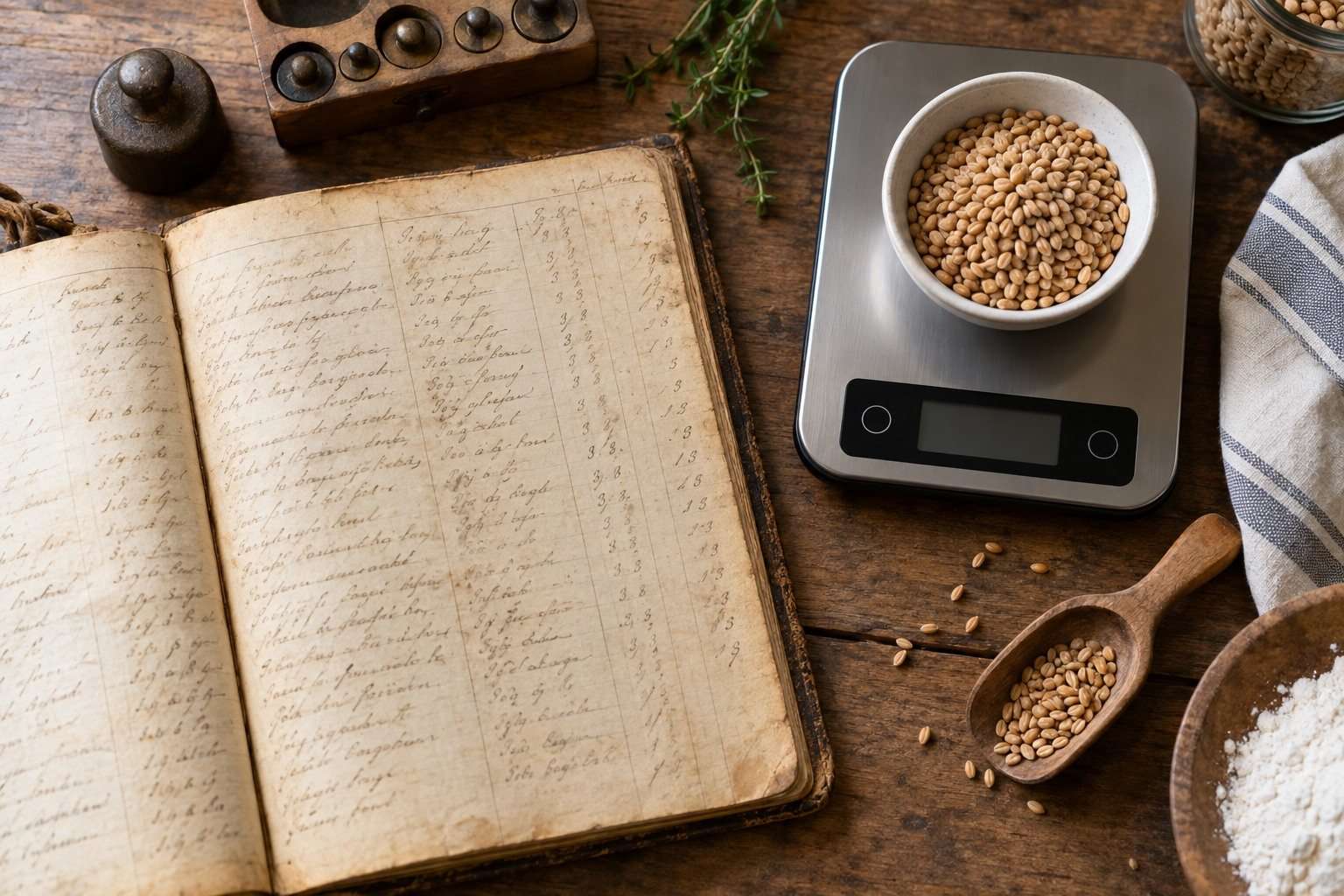 Un cuaderno antiguo de cuentas junto a una báscula digital y un cuenco de legumbres.